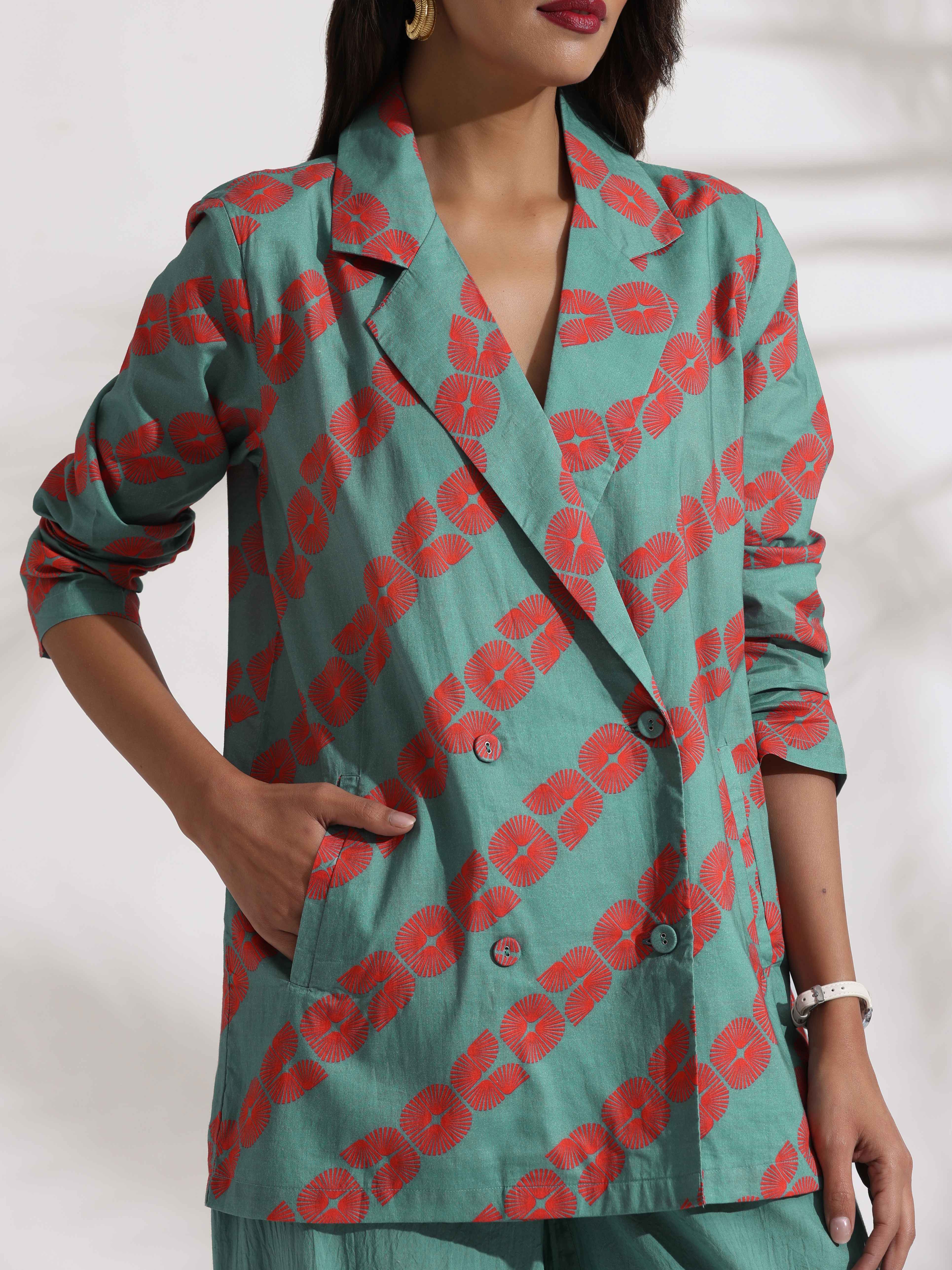 trueBrowns Green Cotton Print  Jacket Top Co-ord Set