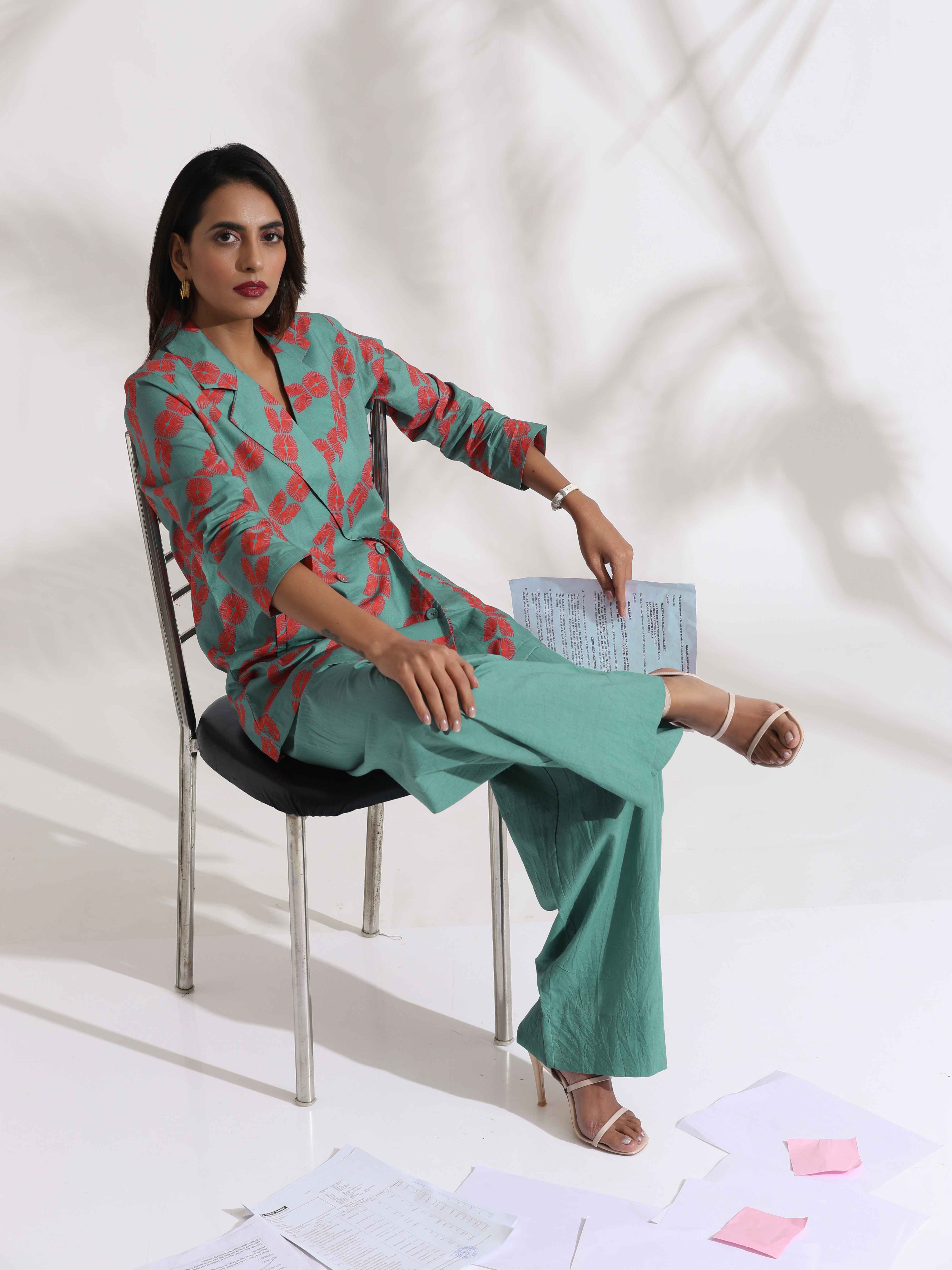 trueBrowns Green Cotton Print  Jacket Top Co-ord Set