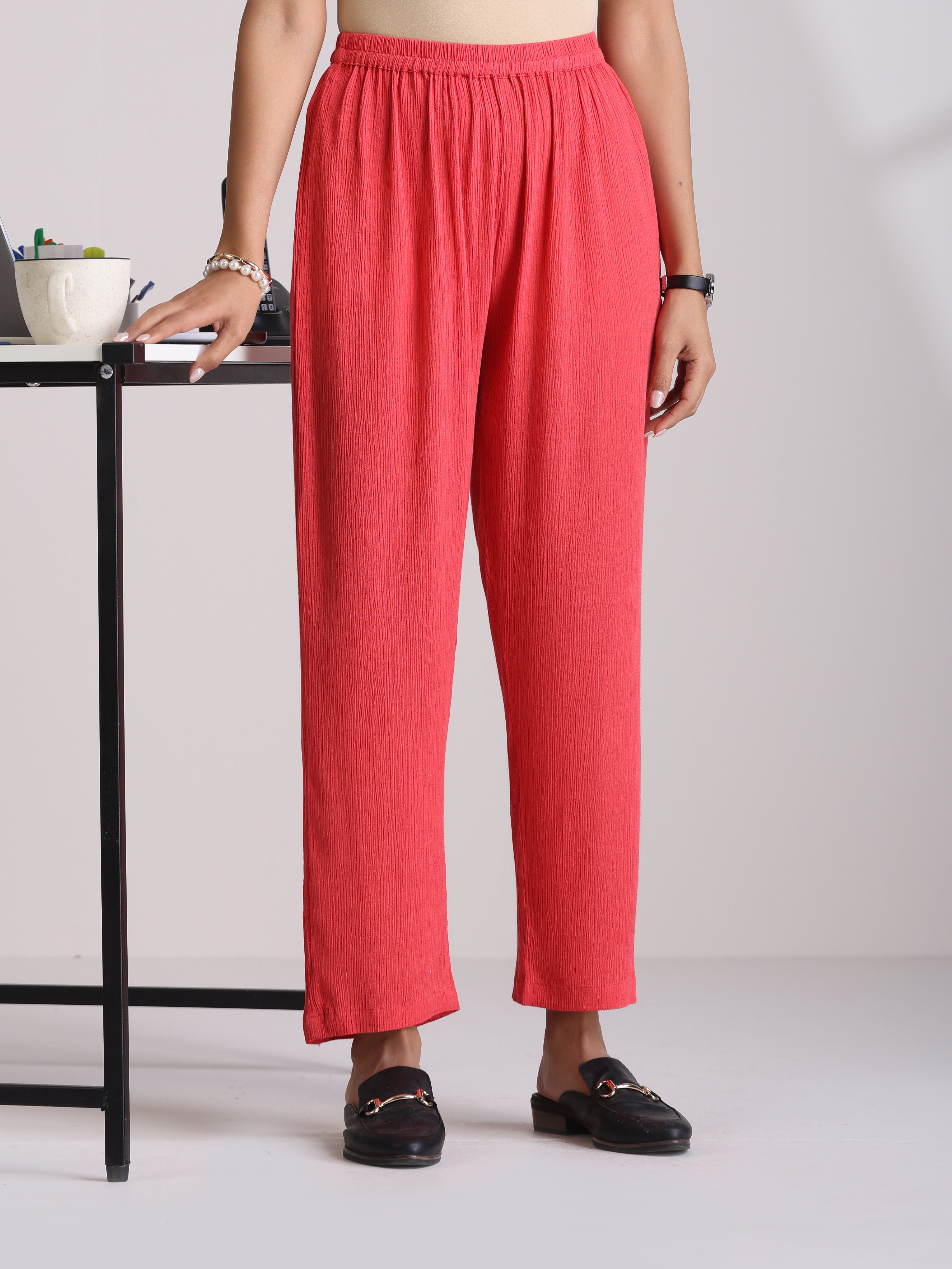 trueBrowns Peach Crinkle Flared Kurta Co-ord Set