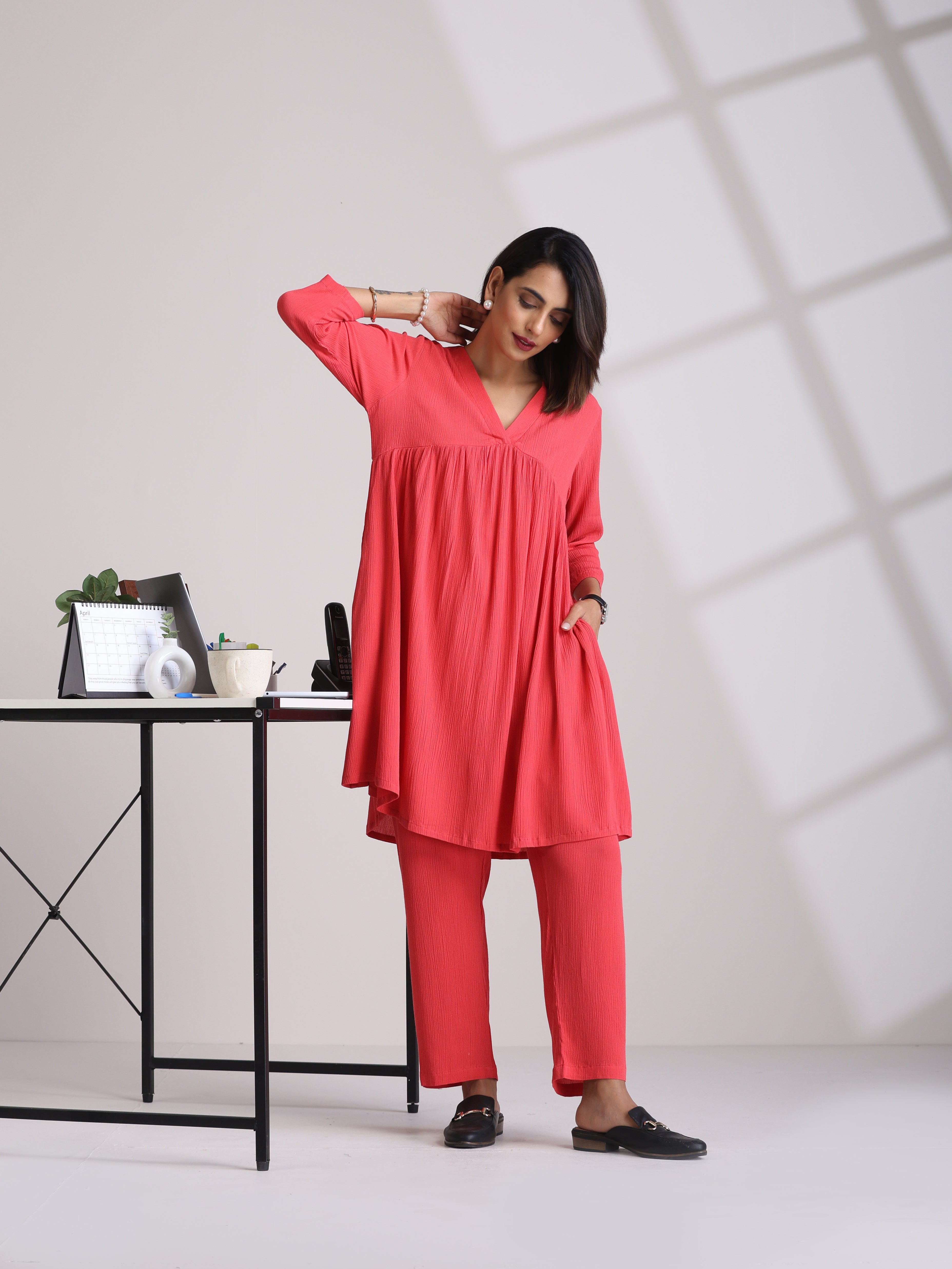 trueBrowns Peach Crinkle Flared Kurta Co-ord Set