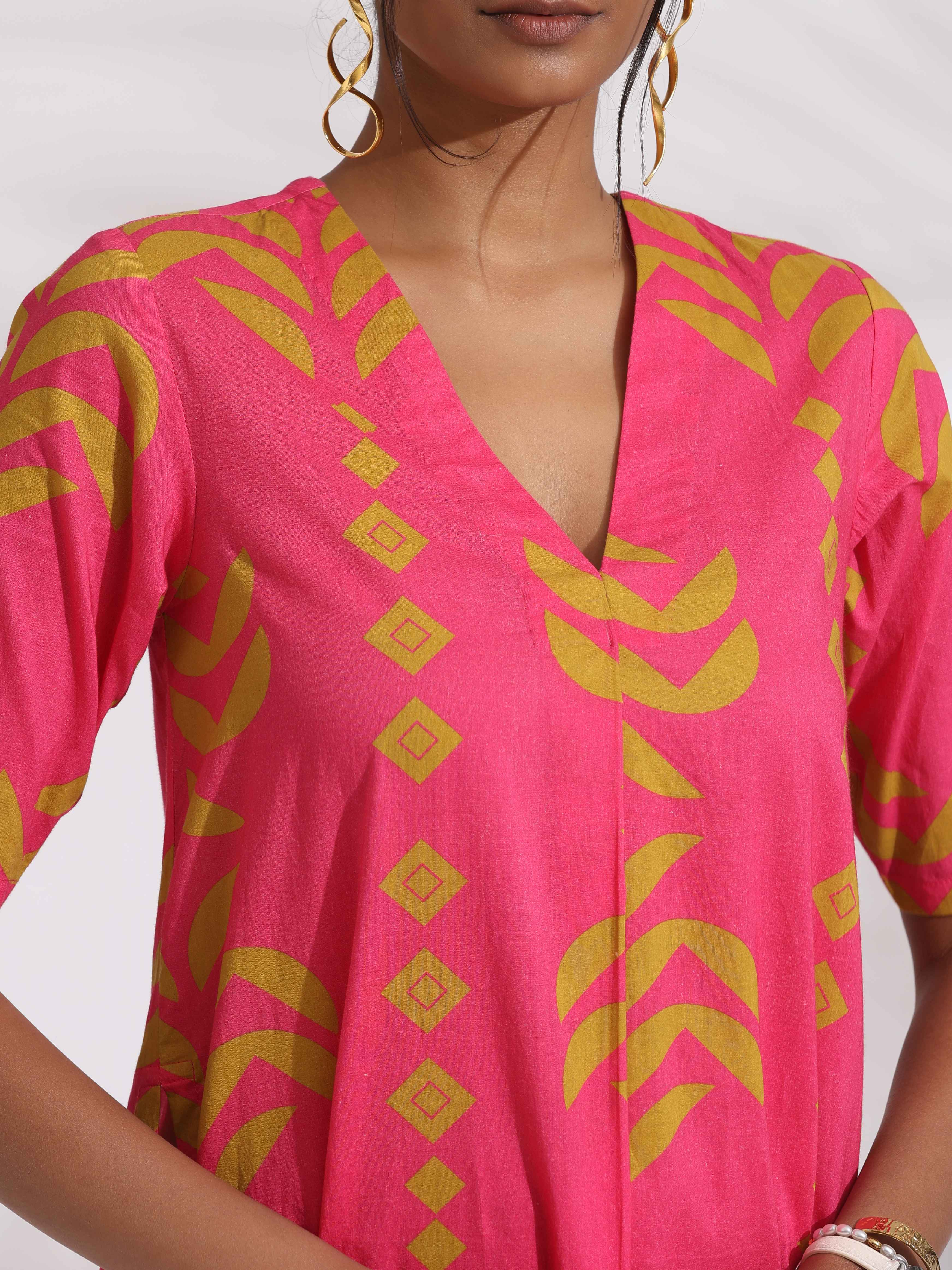 trueBrowns Pink Cotton Print A-line Kurta Set