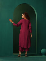 trueBrowns Purple Silk Puff Sleeve Kurta Pant Set