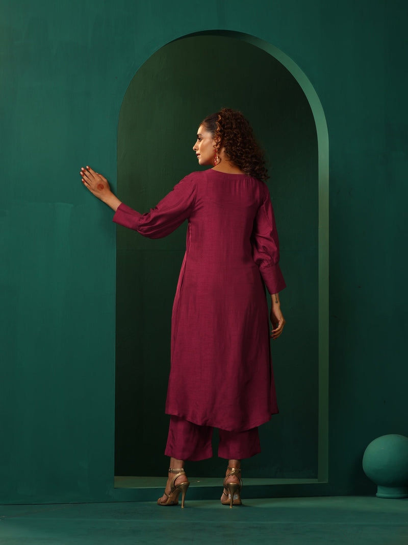trueBrowns Purple Silk Puff Sleeve Kurta Pant Set