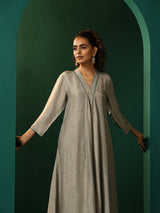 trueBrowns Grey Silk Front Gathered Kurta Pant Set
