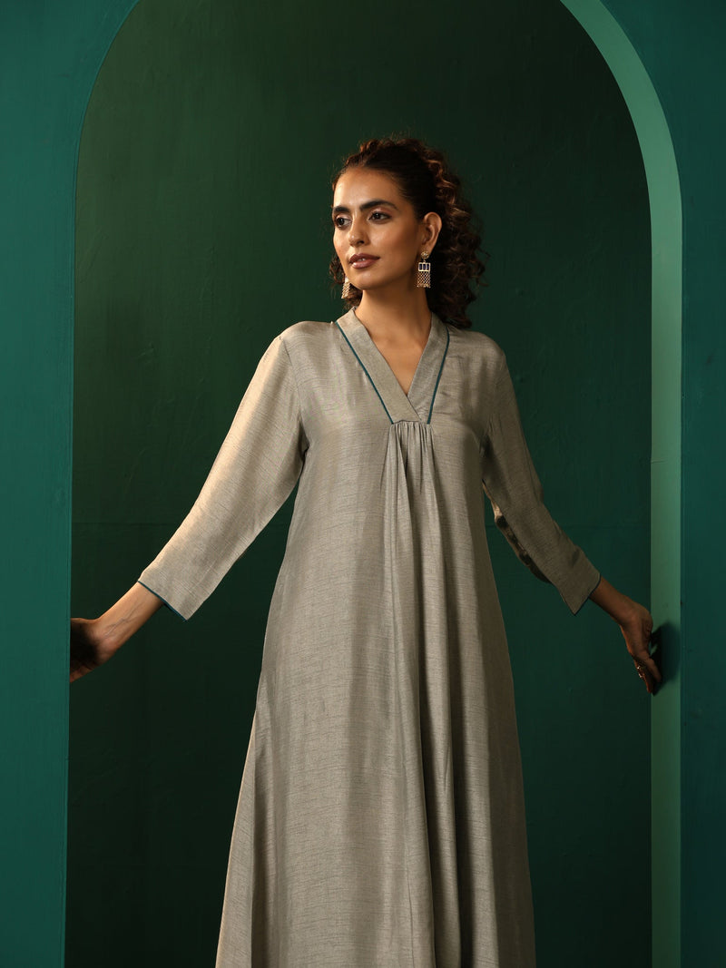 trueBrowns Grey Silk Front Gathered Kurta Pant Set