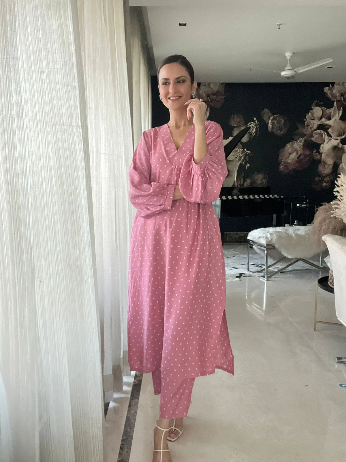 Light Mauve Bandhani Printed Silk Angrakha Kurta Pant Set