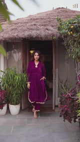 Wine Velvet Lace Kurta Pant Set