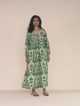 trueBrowns Green Cotton Ikat Flared Dress