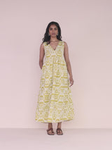 trueBrowns Lime Cotton Ikat Sleeveless Flared Dress