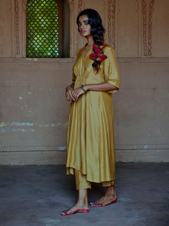 Silk Gold Flared Kurta Pant Set - trueBrowns