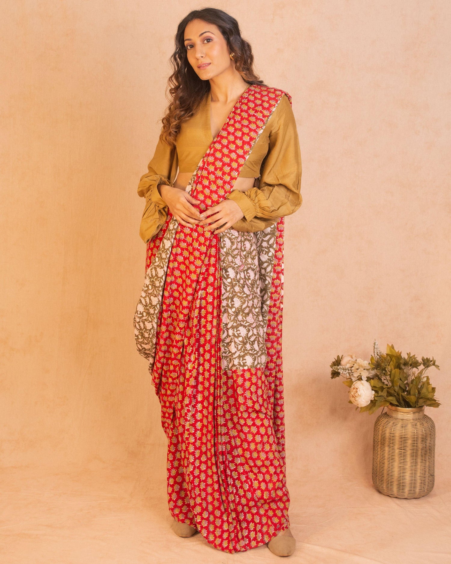 Red Olive Green Hand Block Printed Ready Pleated Silk Saree - trueBrowns