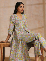 Grey Overall Floral Block Print Cotton Angrakha Kurta Pant Set