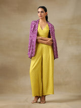 Lime Green Bandhani Printed Silk Top Pant with Purple Printed Jacket Set