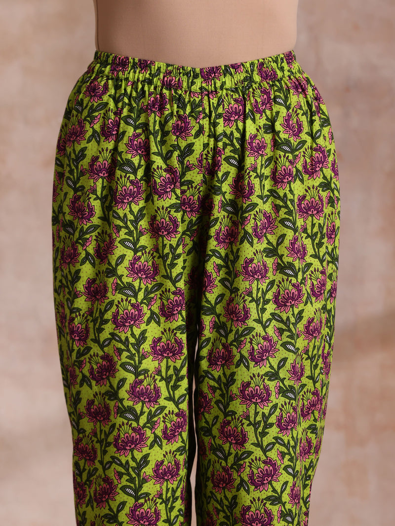 Lime Green Overall Pink Floral Block Print Cotton Flared Kurta Pant Set