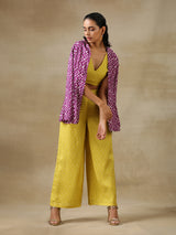 Lime Green Bandhani Printed Silk Top Pant with Purple Printed Jacket Set