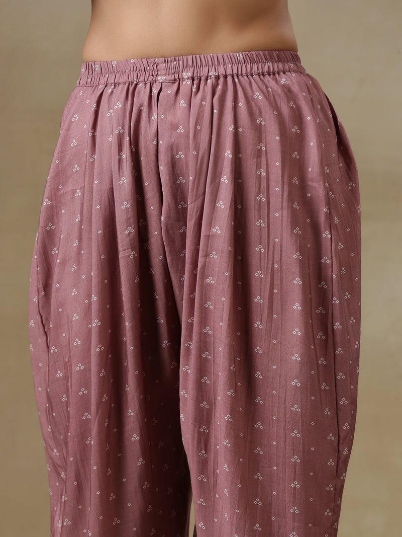 Dark Mauve Bandhani Printed Silk Loose Kurta Dhoti Pant Set