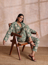 Fern Green Overall Floral Block Print Cotton Pant Suit Set