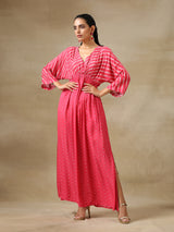 Pink Bandhani Printed Silk Drop Shoulder Dress