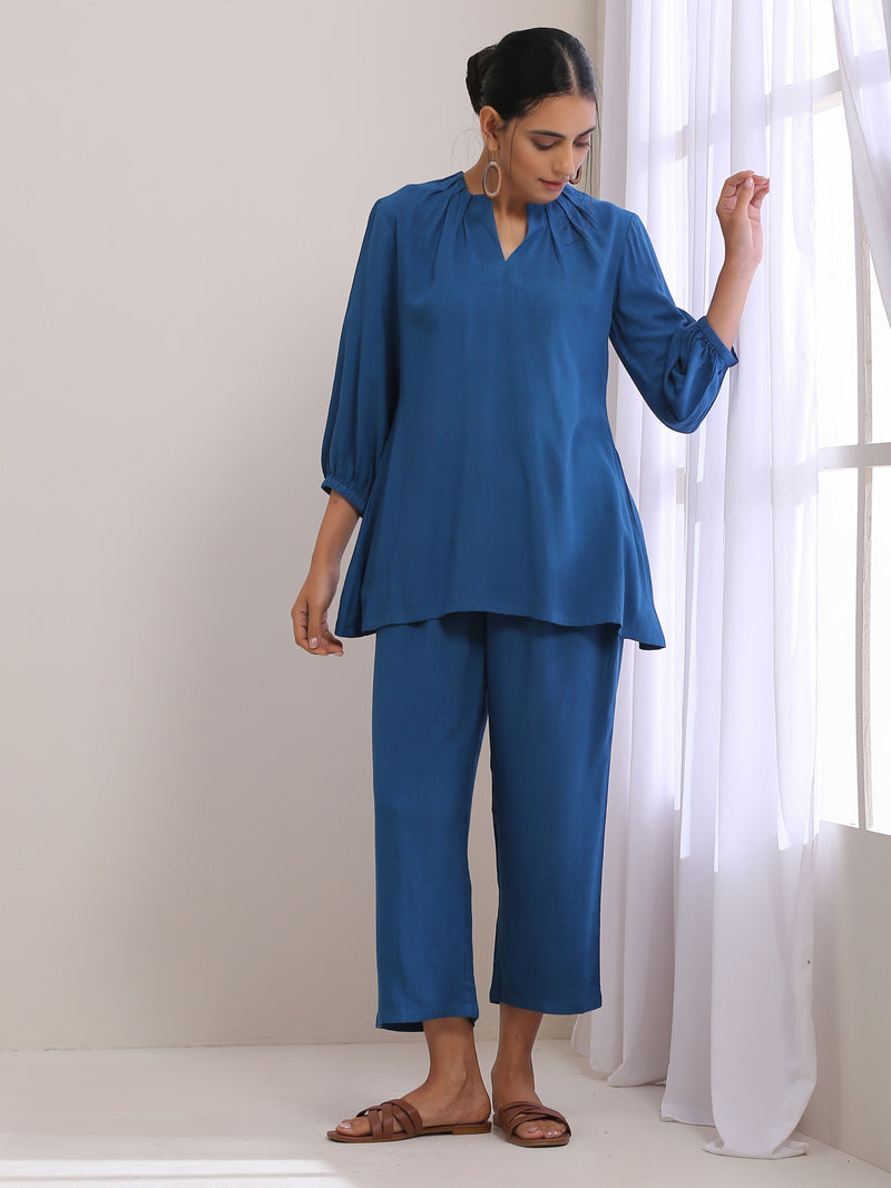 Classic Blue Dobby Pleated Co-Ord Set