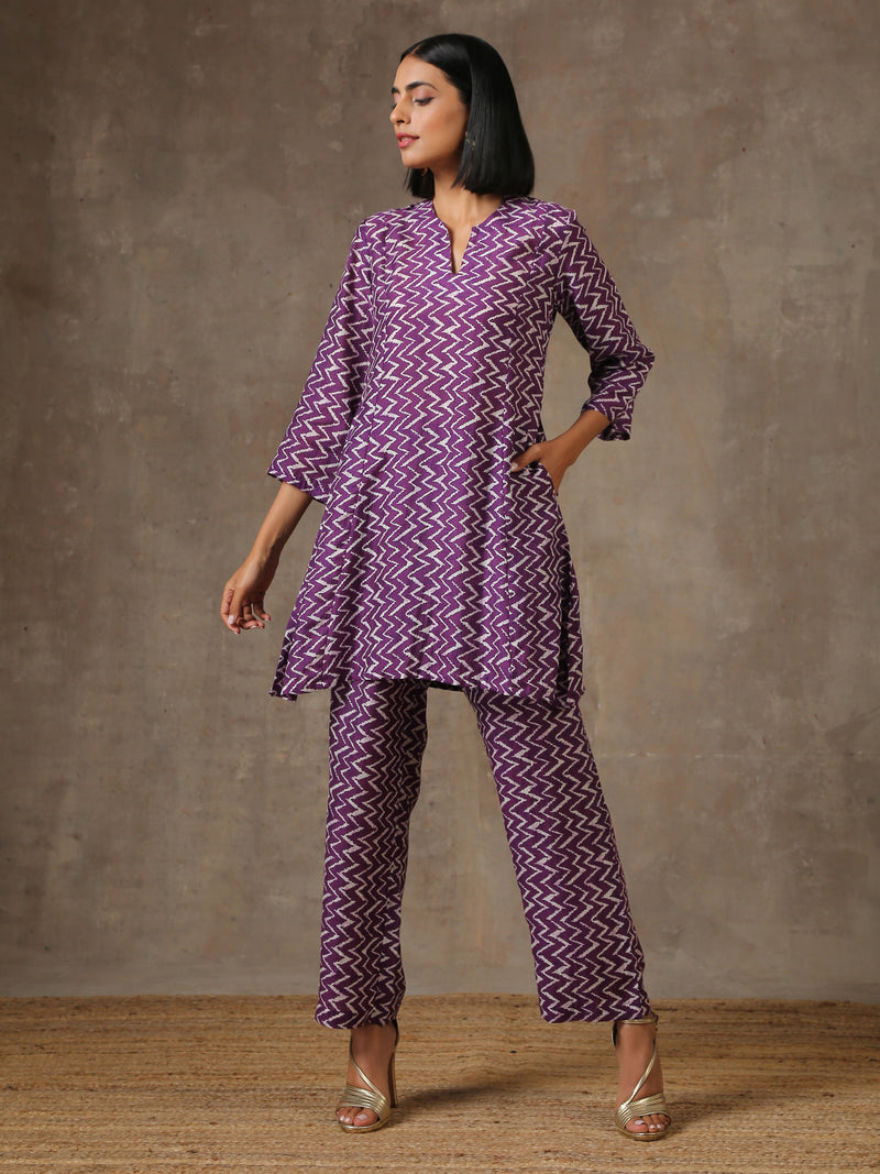 Purple White Lehariya Printed Silk Co-Ord Set