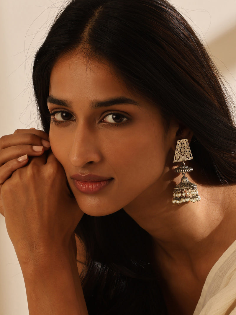 Silver-Plated Jaali Jhumka Earrings