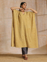 Mustard Dabu Zig-Zag Lines Print Cotton Panel Kaftan Kurta Pant Set