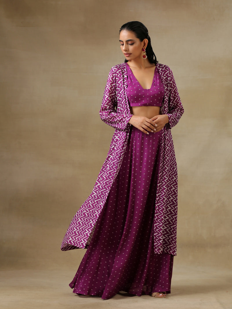 Purple Bandhani Printed Silk Top Skirt Jacket Set