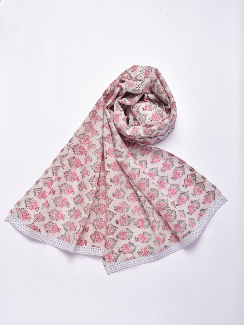 Pink Floral On White Print Cotton Stole