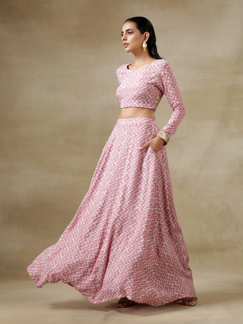 Light Mauve Bandhani Printed Silk Top Skirt Set