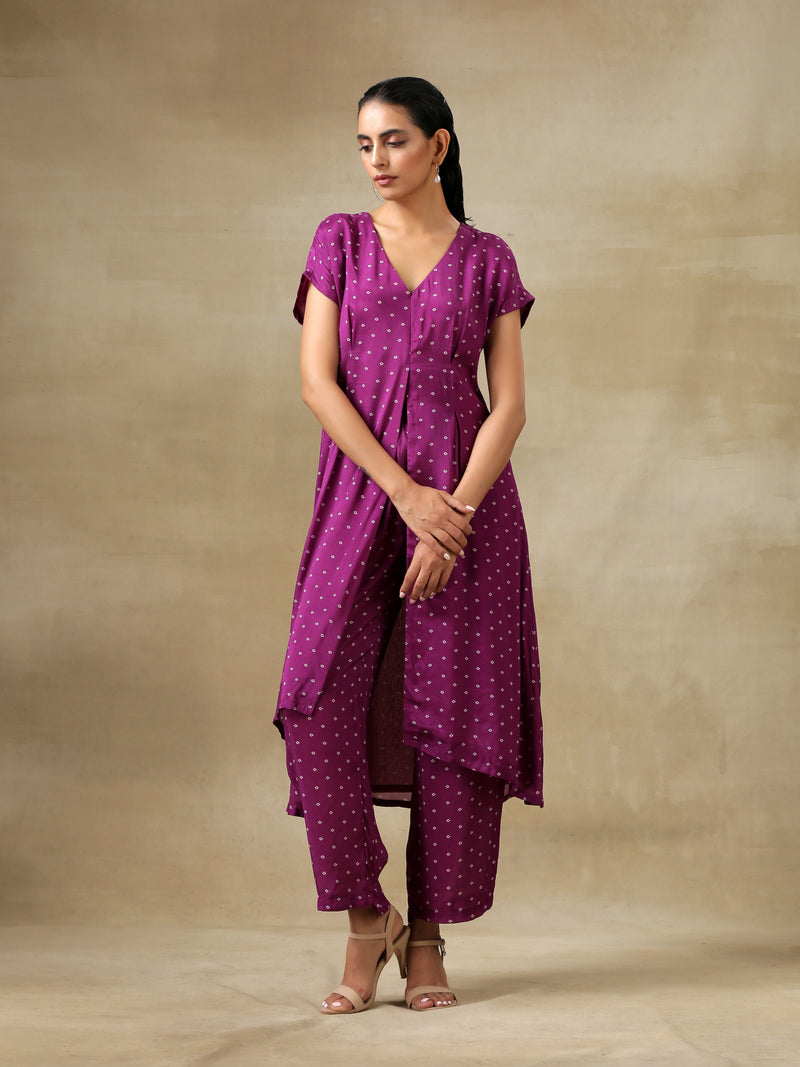 Purple Bandhani Printed Silk Drop Shoulder Kurta Pant Set
