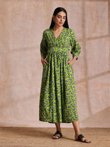 Lime Green Overall Blue Floral Block Print Cotton Wrap Dress