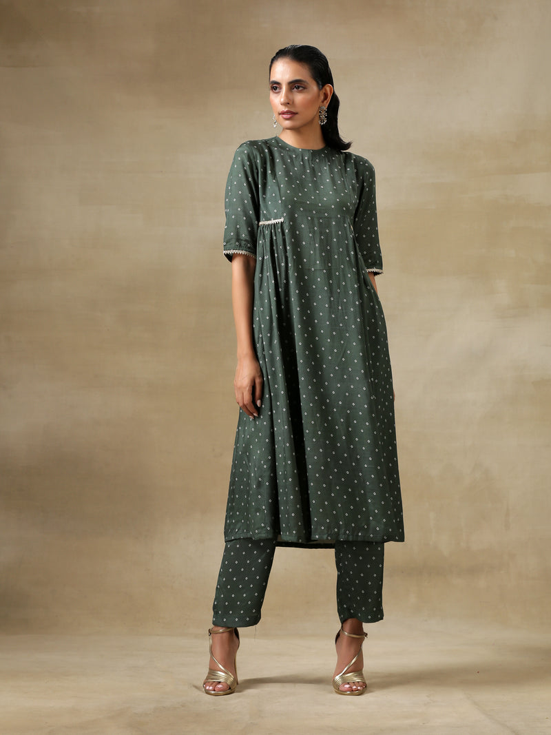 Dark Green Bandhani Printed Silk Side Gathered Kurta Pant Set