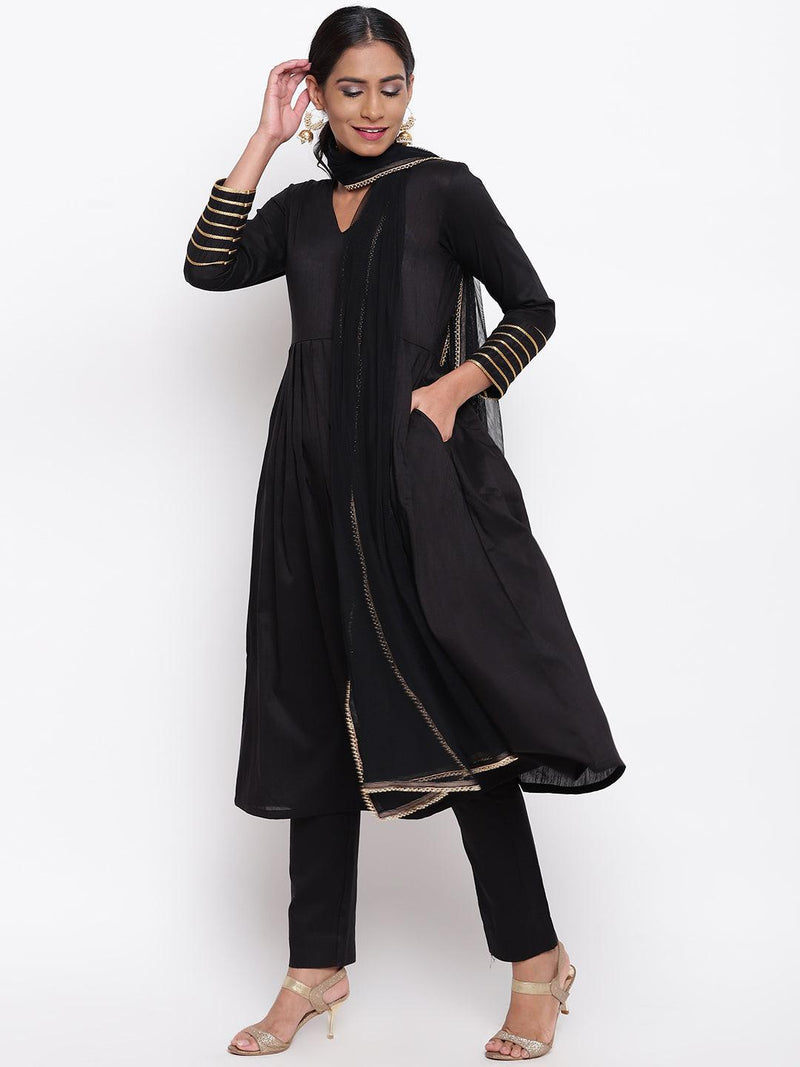 Black Embellished Sleeve Kurta-Pant-Dupatta - trueBrowns