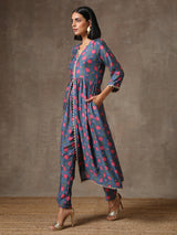 Blue Pink Printed Silk Kurta Pant Set