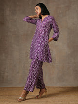 Purple White Lehariya Printed Silk Co-Ord Set