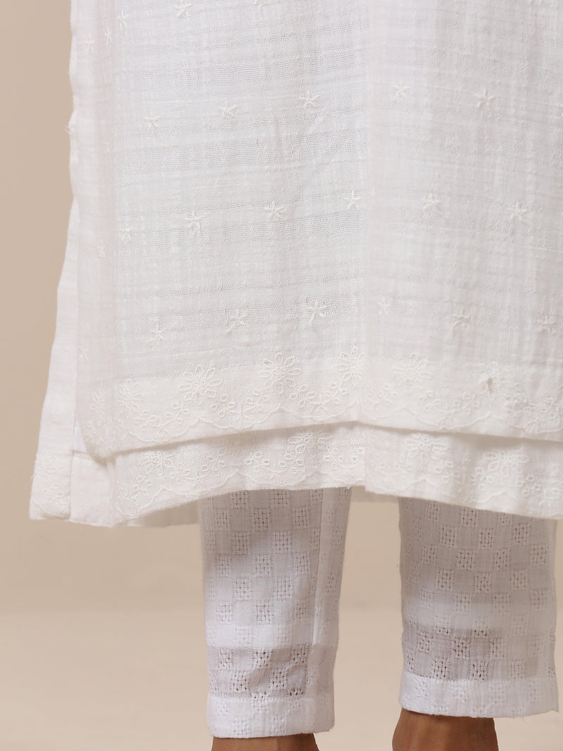 Cotton White Double Hem Embroidered Kurta Pant Set - trueBrowns