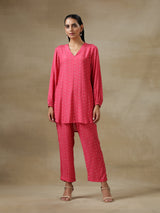 Pink Bandhani Printed Silk Gathered Sleeve Co-Ord Set