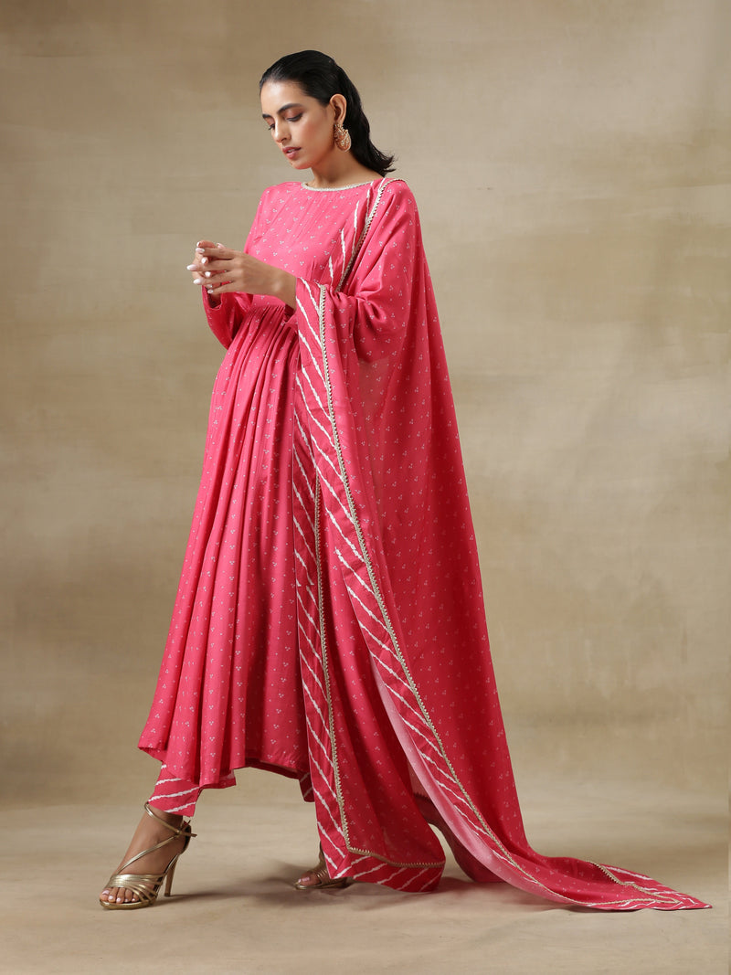 Pink Bandhani Printed Silk Anarkali Kurta Pant Dupatta Set