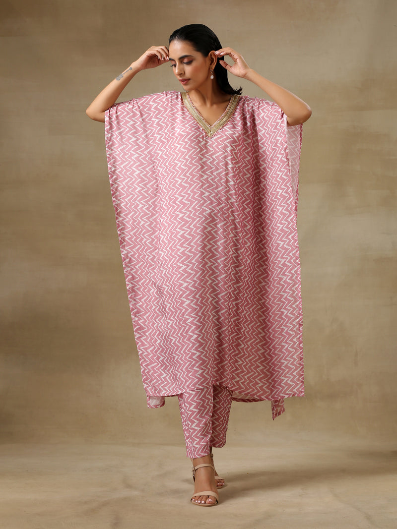 Light Mauve Bandhani Printed Silk Kaftan Kurta Pant Set