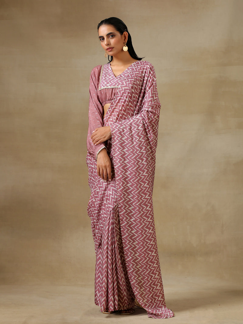 Dark Mauve Bandhani Printed Silk Pre-Pleat Stitched Saree