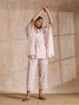 Pink Buta On White Block Print Cotton Kaftan Co-Ord Set
