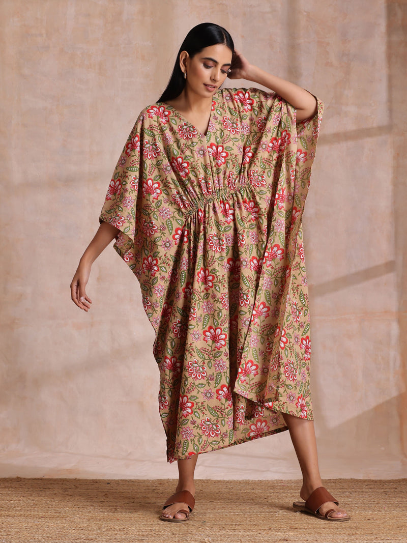 Beige Overall Big Floral Block Print Cotton Kaftan Dress