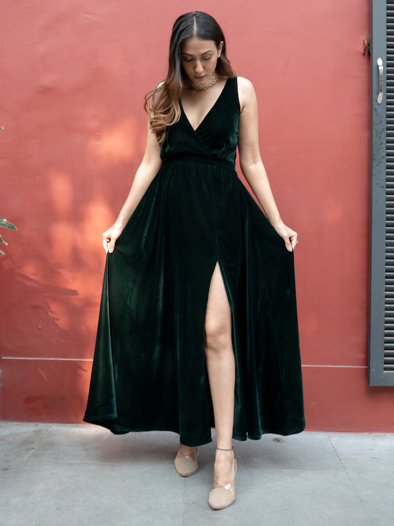 Dark Green Velvet Sleeveless Dress