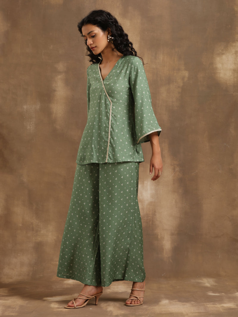 Light Green Bandhani Printed Silk Co-Ord Set
