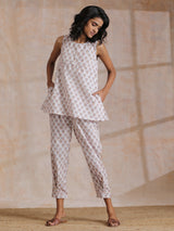 White With Grey Buta Block Print Cotton Sleeveless Co-Ord Set