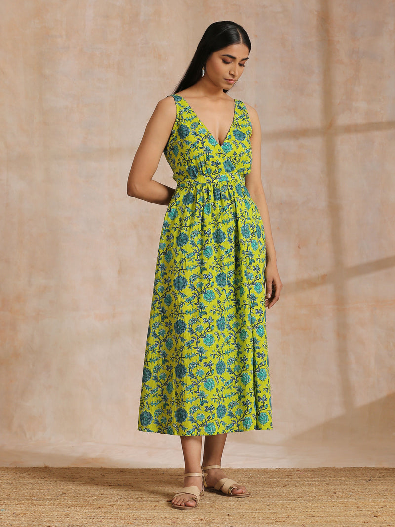 Lime Green Overall Teal Floral Block Print Cotton Sleeveless Wrap Dress