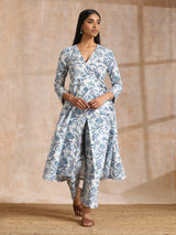 White With Overall Blue Print Cotton Angrakha Kurta Pant Set