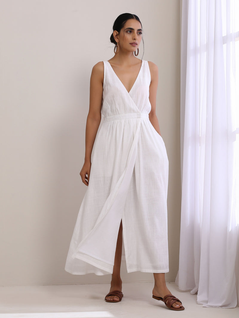 White Slub Texture Sleeveless Wrap Dress