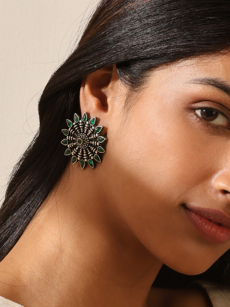 Silver-Plated Green Floral Stud Earrings