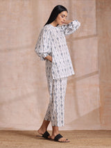 Grey On White Ikat Print Cotton Baggy Sleeve Co-Ord Set